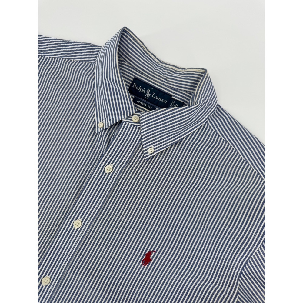 Ralph Lauren Searsucker Shirt Mens XL Blue Stripe Short Sleeve Classic Fit